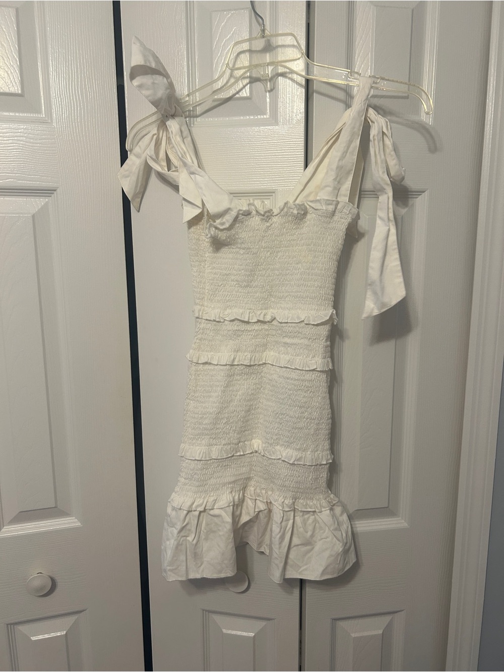 Altered State White Smocked Ruffle Tie-Strap Mini Dress